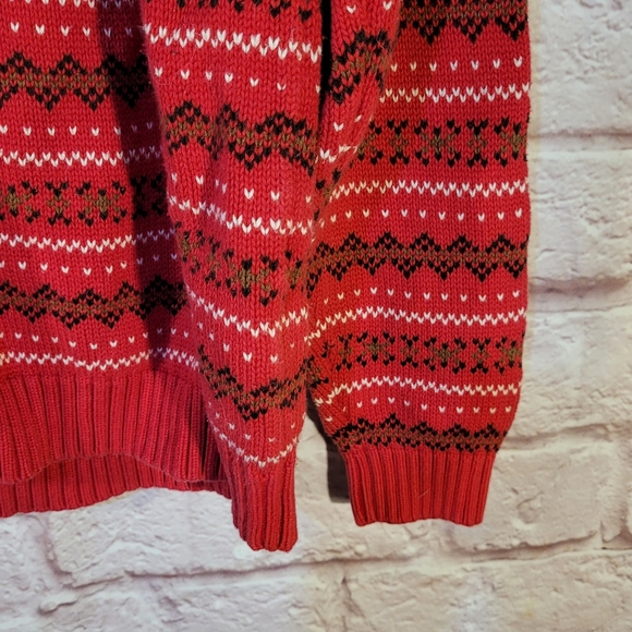 Lands’ End Red Fair Isle Striped Turtleneck Cotton Pullover Sweater - Picture 5 of 11
